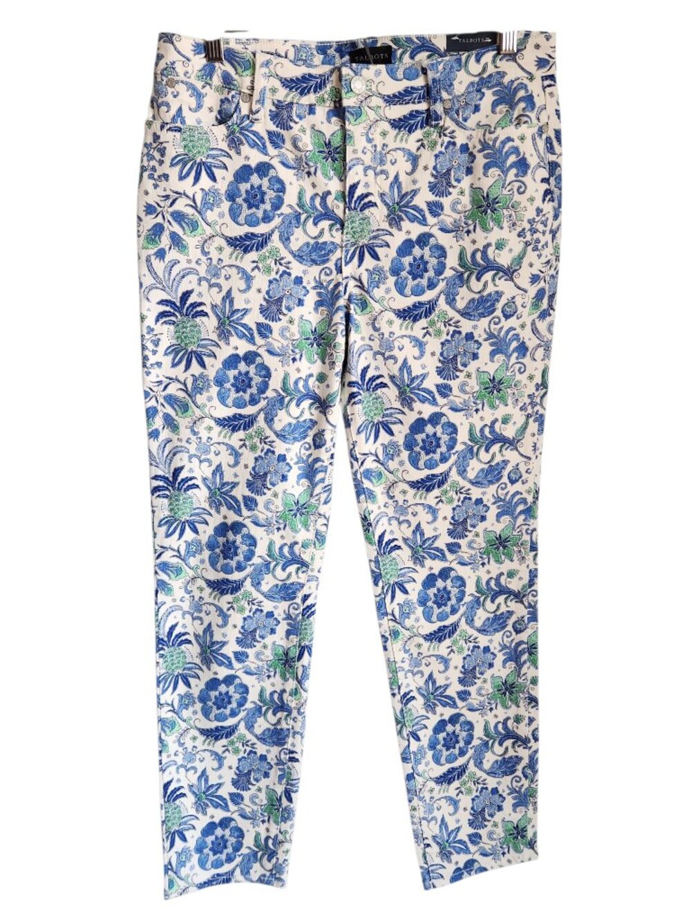 Talbots Jeans 8 Women's White Blue Slim Ankle Jean Slim Leg Whimsical Floral NEW